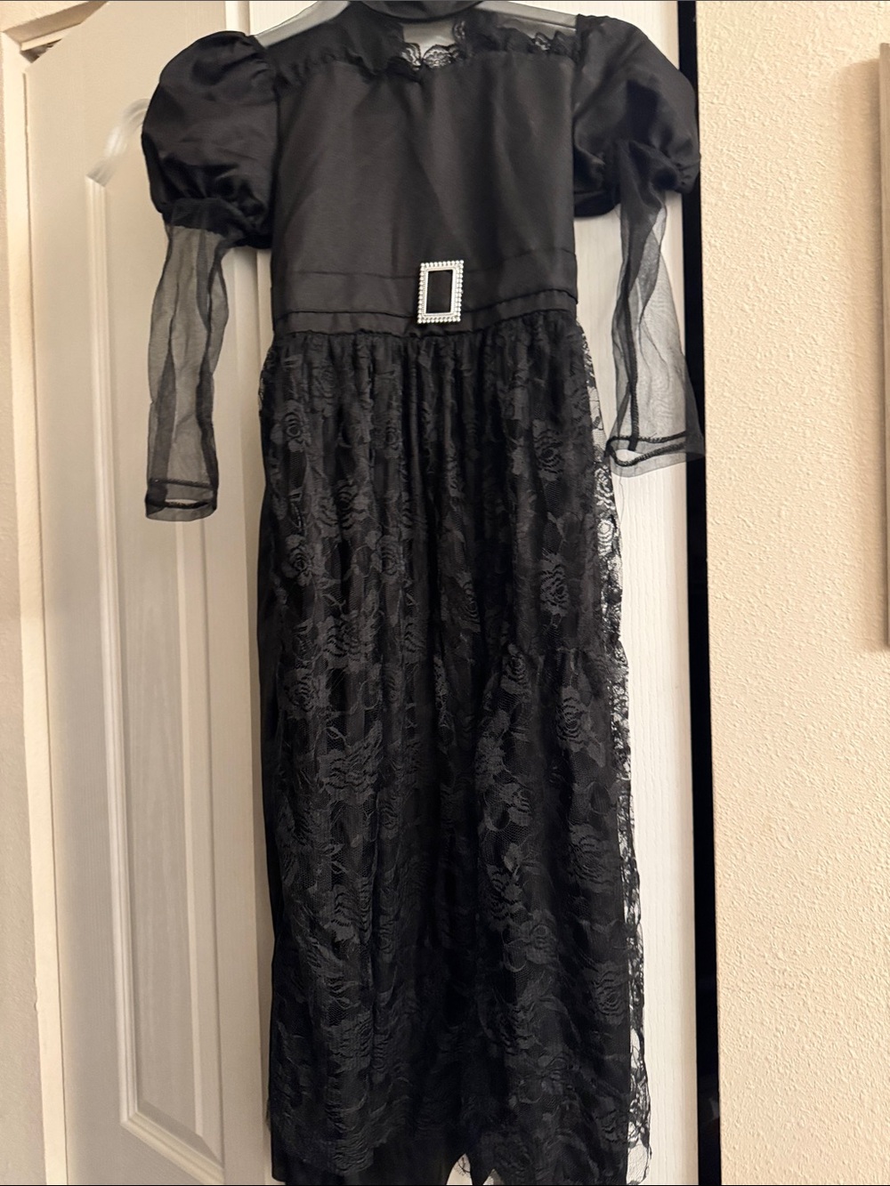 Kali Black Lace Maxi Dress with Sheer Puff Sleeves and Rhinestone Buckle